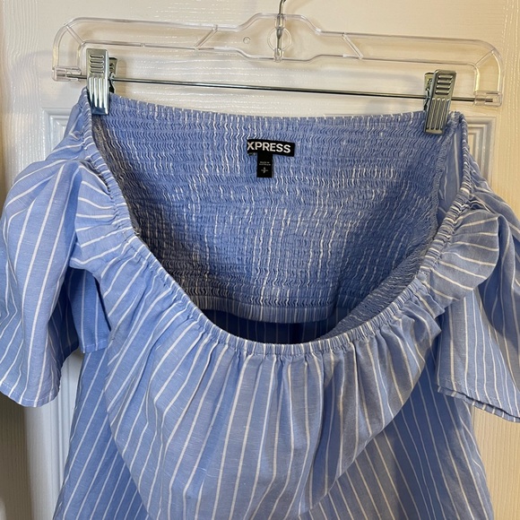 Express Blue and White Off The Shoulder Top - Picture 3 of 4